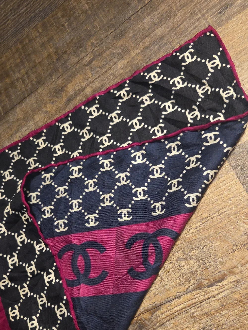 Chanel CC Monogram Navy Blue, White, Purple Silk Scarf 34x34 Inches - Picture 12 of 17